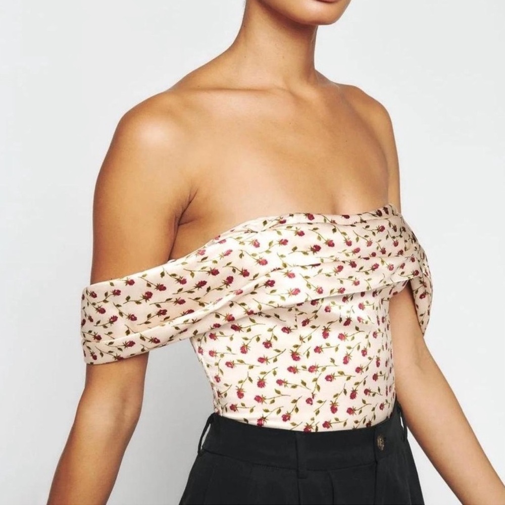 Reformation Cream Floral Off-Shoulder Bodysuit - Silk Luxe